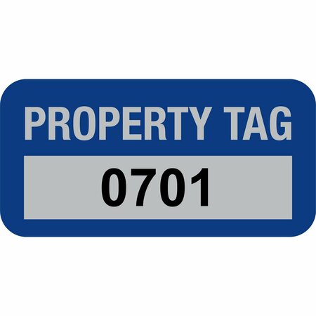 LUSTRE-CAL Property ID Label PROPERTY TAG5 Alum Dark Blue 1.50in x 0.75in  Serialized 0701-0800, 100PK 253769Ma1Bd0701